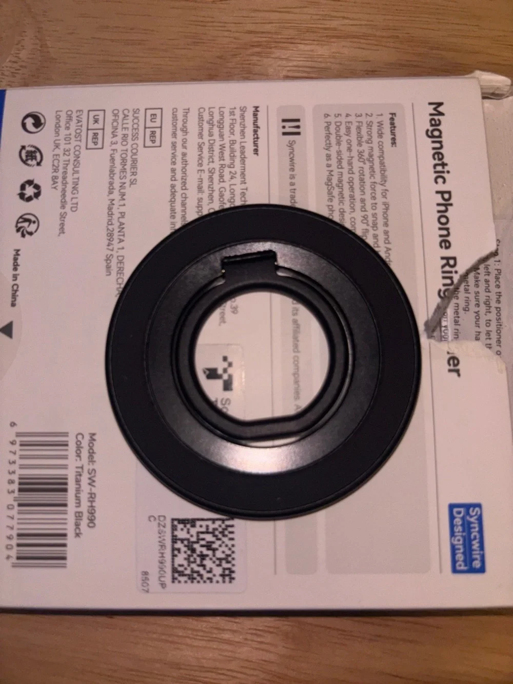 Syncwire Black Magnetic iPhone Ring Holder with Rotating Kickstand, NIB